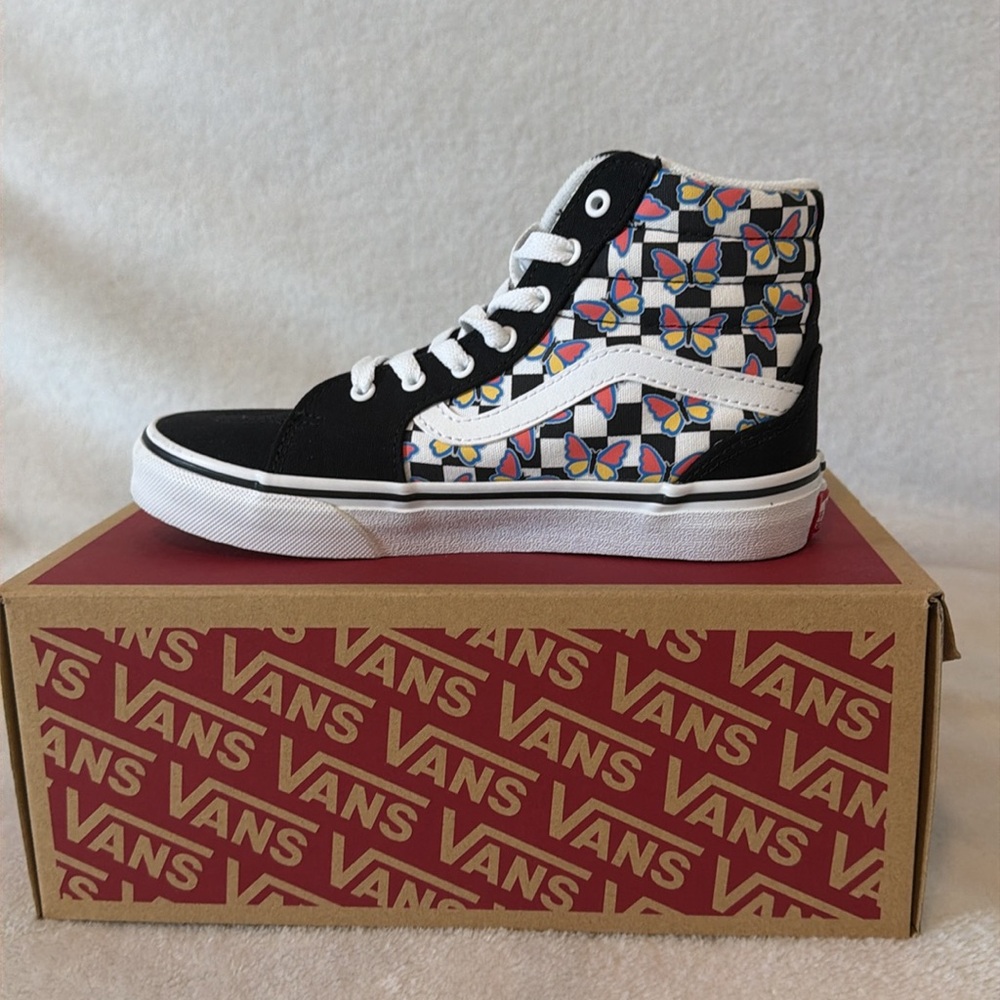 Girls size 2 Vans. Black and white with pink and yellow butterflies.